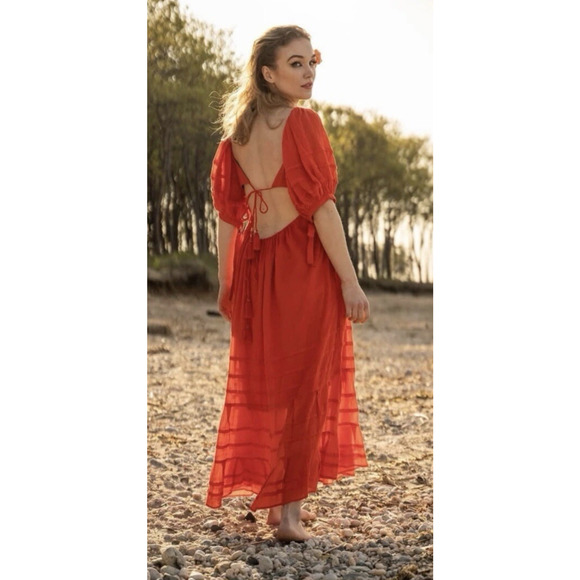 Free People Let's Be Friends Midi Dress Rome Red Boho Western Peasant Beach M - Picture 15 of 16